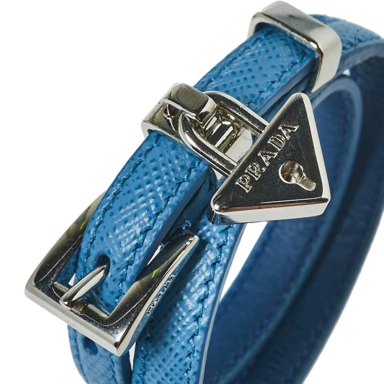 Pre Owned Prada Blue Saffiano Leather Triangle Padlock Charm Double Wrap Bracelet 