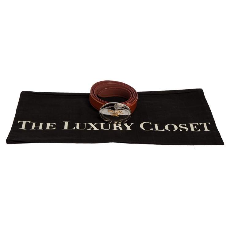 Pre Owned Prada Brown Patent Leather Logo Plaque Buckle Belt 85 CM