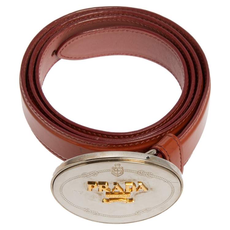 Pre Owned Prada Brown Patent Leather Logo Plaque Buckle Belt 85 CM