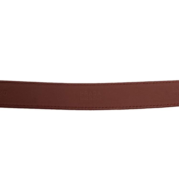 Pre Owned Prada Brown Patent Leather Logo Plaque Buckle Belt 85 CM