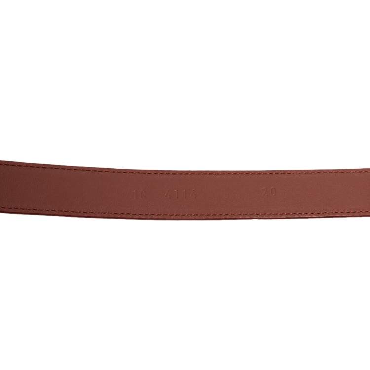 Pre Owned Prada Brown Patent Leather Logo Plaque Buckle Belt 85 CM