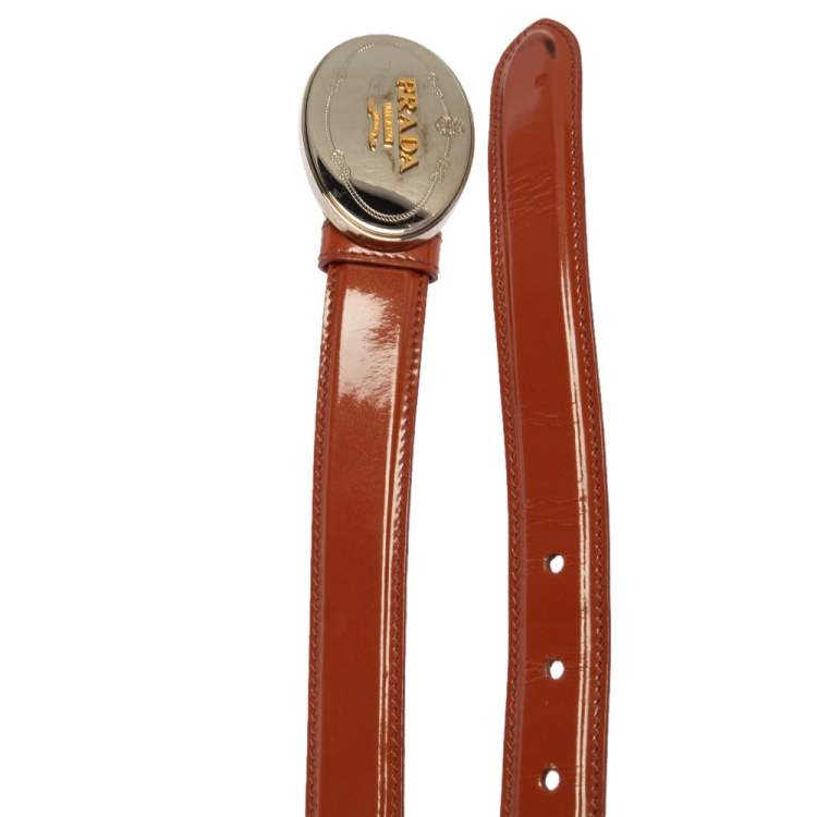 Pre Owned Prada Brown Patent Leather Logo Plaque Buckle Belt 85 CM