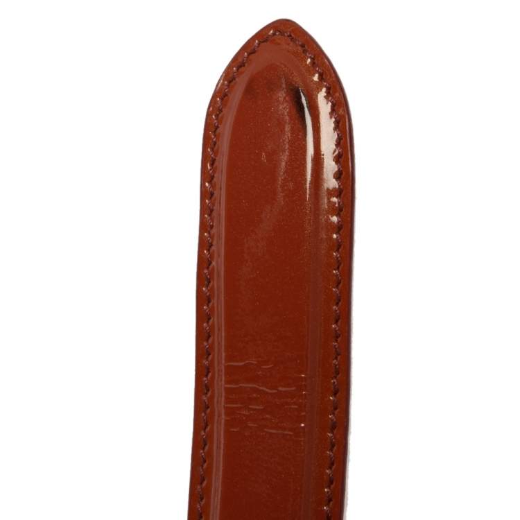 Pre Owned Prada Brown Patent Leather Logo Plaque Buckle Belt 85 CM