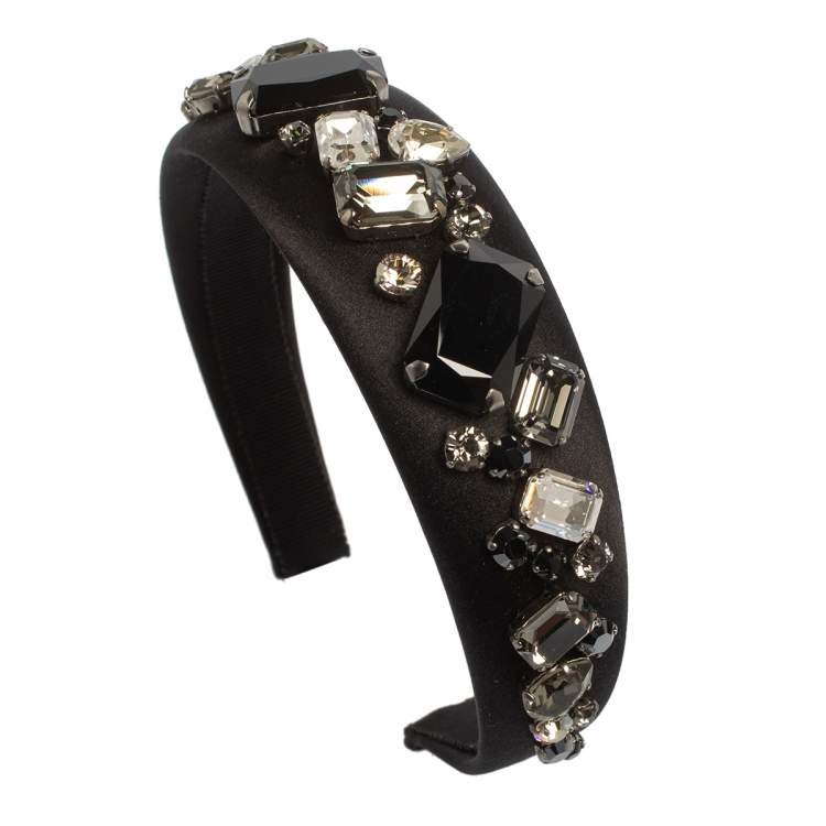 Pre Owned Prada Black Crystal Embellished Satin Headband