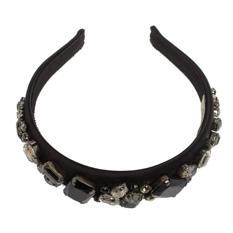 Pre Owned Prada Black Crystal Embellished Satin Headband