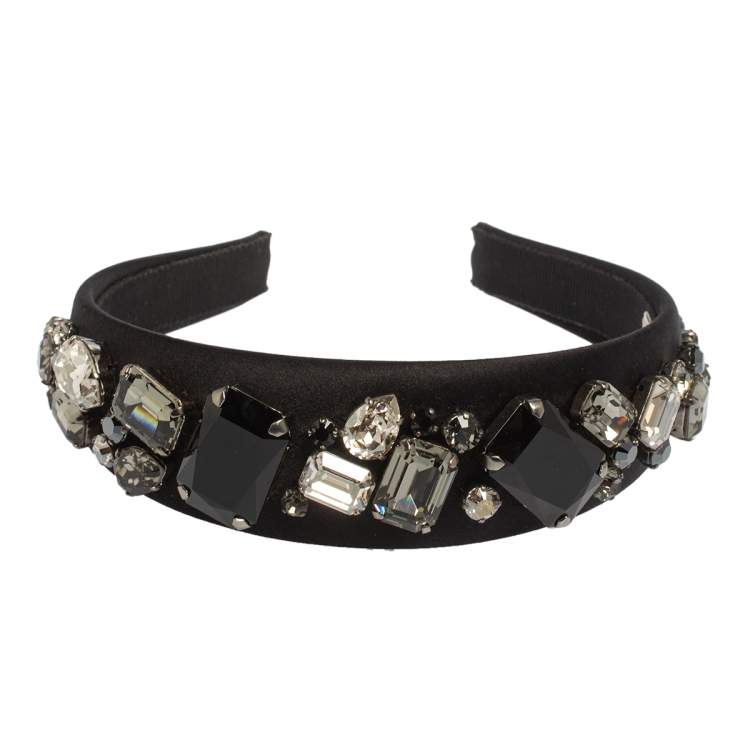 Pre Owned Prada Black Crystal Embellished Satin Headband