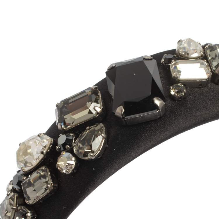 Pre Owned Prada Black Crystal Embellished Satin Headband