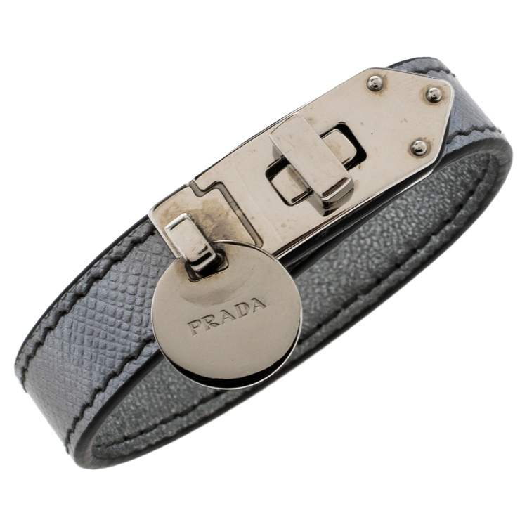 Pre Owned Prada Silver Saffiano Leather Turn Lock Bracelet S