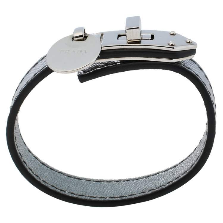 Pre Owned Prada Silver Saffiano Leather Turn Lock Bracelet S