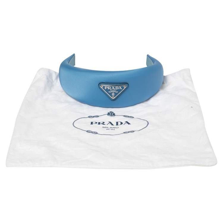 Pre Owned Prada Blue Logo Detail Padded Satin Wide Headband