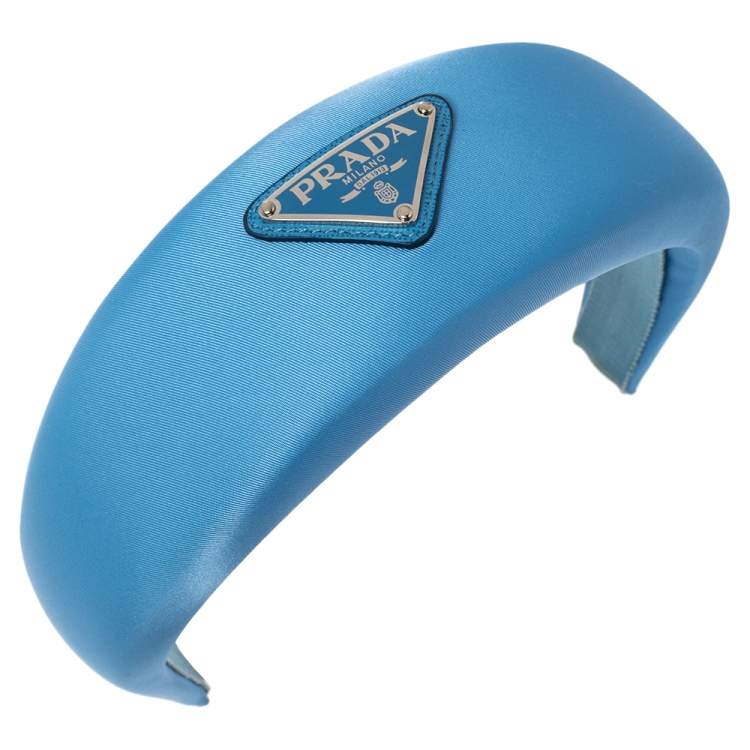 Pre Owned Prada Blue Logo Detail Padded Satin Wide Headband