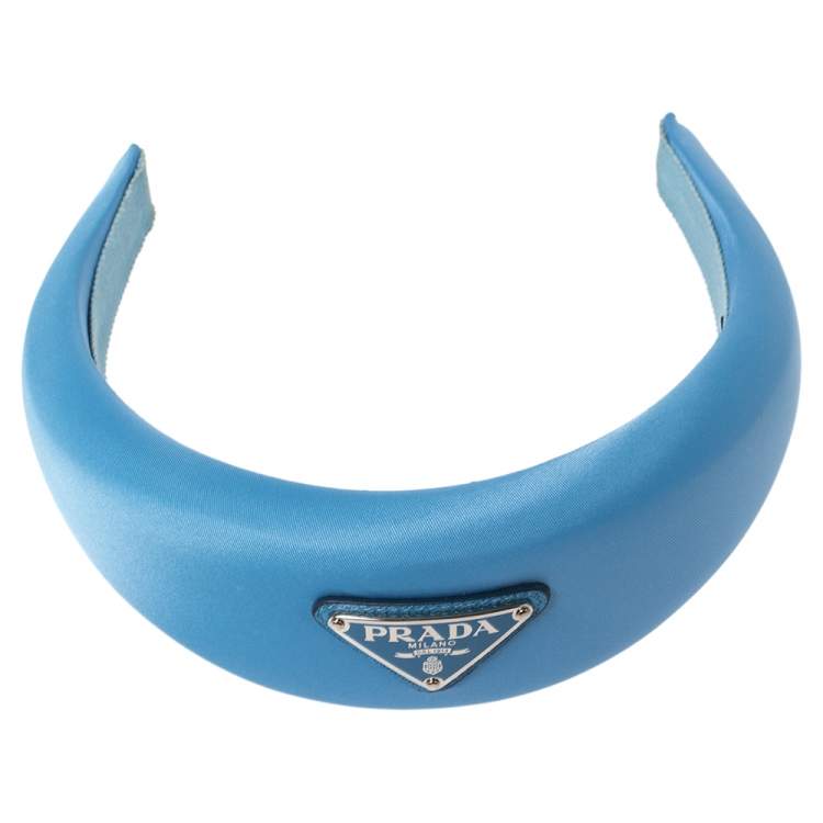 Pre Owned Prada Blue Logo Detail Padded Satin Wide Headband