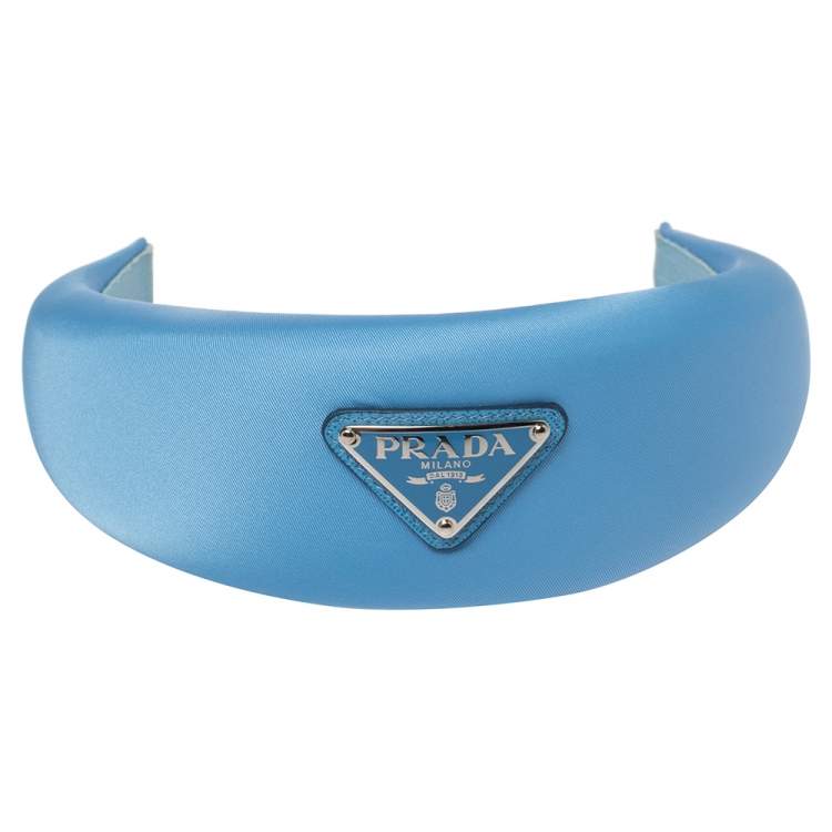 Pre Owned Prada Blue Logo Detail Padded Satin Wide Headband