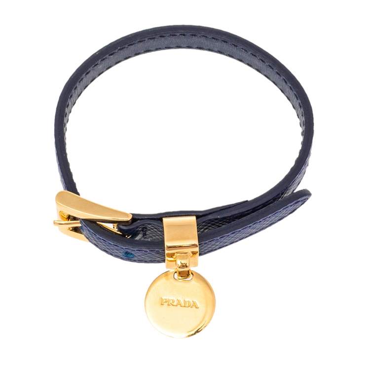 Pre Owned Prada Blue Saffiano Leather Gold Tone Logo Charm Bracelet