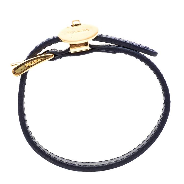 Pre Owned Prada Blue Saffiano Leather Gold Tone Logo Charm Bracelet