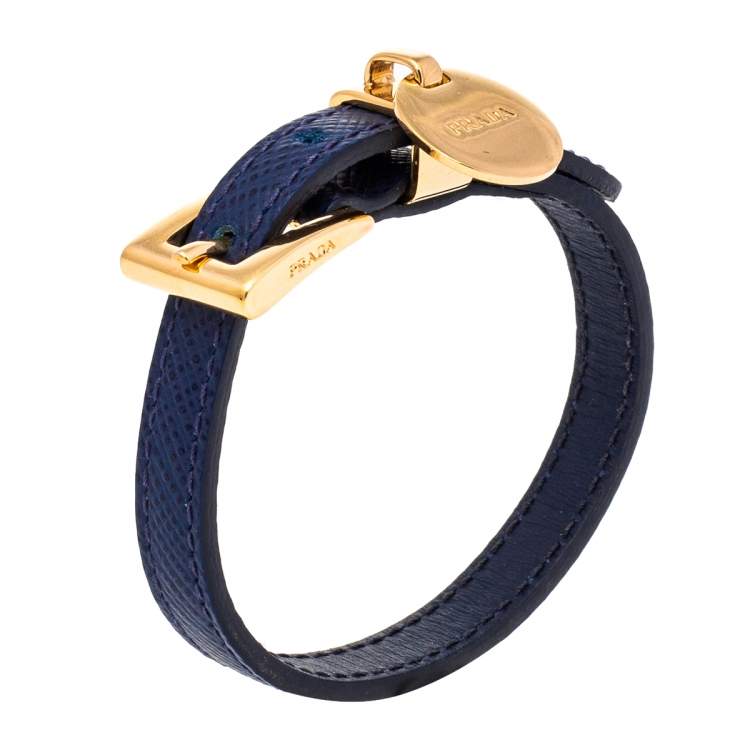 Pre Owned Prada Blue Saffiano Leather Gold Tone Logo Charm Bracelet
