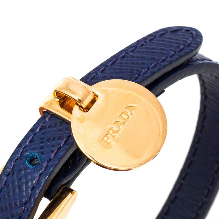 Pre Owned Prada Blue Saffiano Leather Gold Tone Logo Charm Bracelet