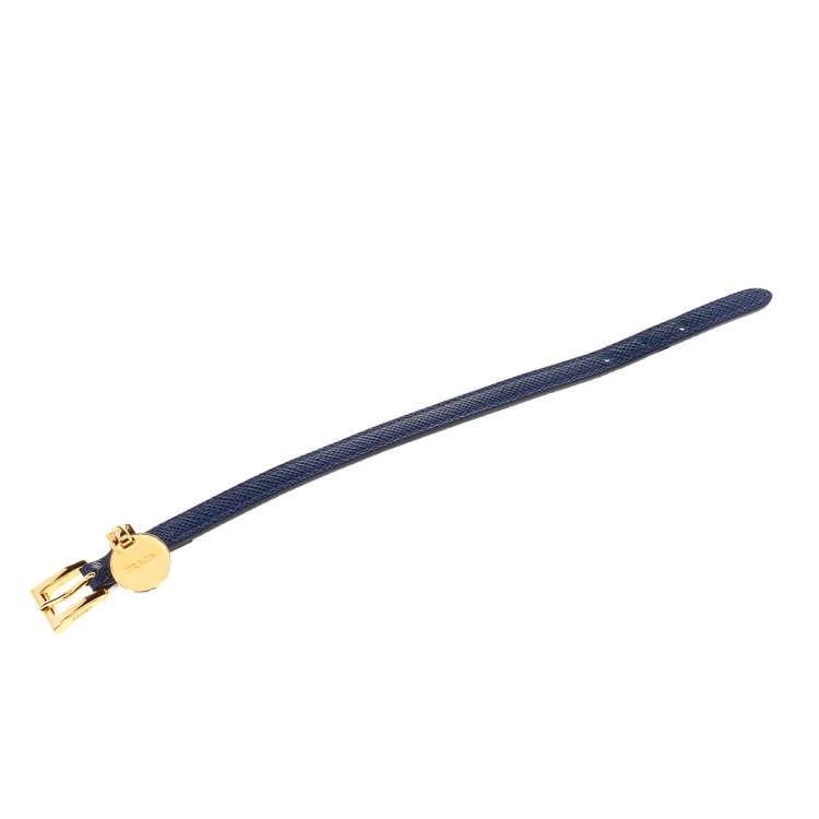 Pre Owned Prada Blue Saffiano Leather Gold Tone Logo Charm Bracelet
