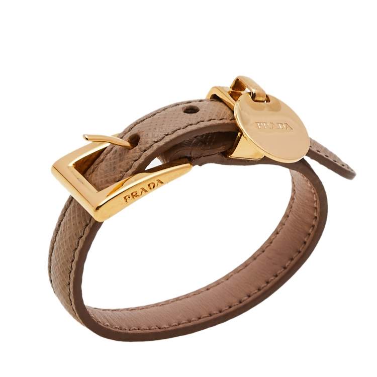 Pre Owned Prada Dusty Pink Saffiano Leather Gold Tone Logo Charm Bracelet