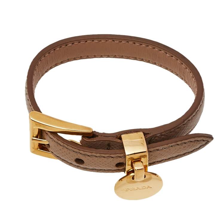 Pre Owned Prada Dusty Pink Saffiano Leather Gold Tone Logo Charm Bracelet