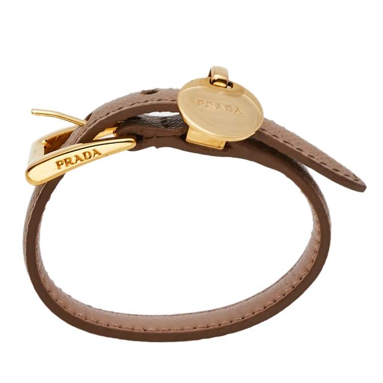 Pre Owned Prada Dusty Pink Saffiano Leather Gold Tone Logo Charm Bracelet