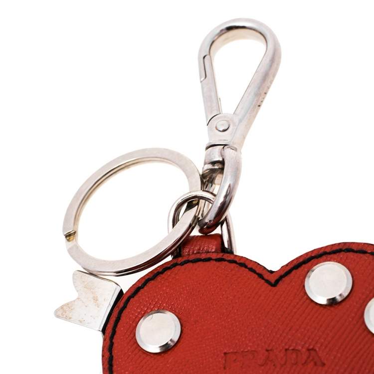 Pre Owned Prada Coral Red Leather Heart Bag Charm/ Key Ring