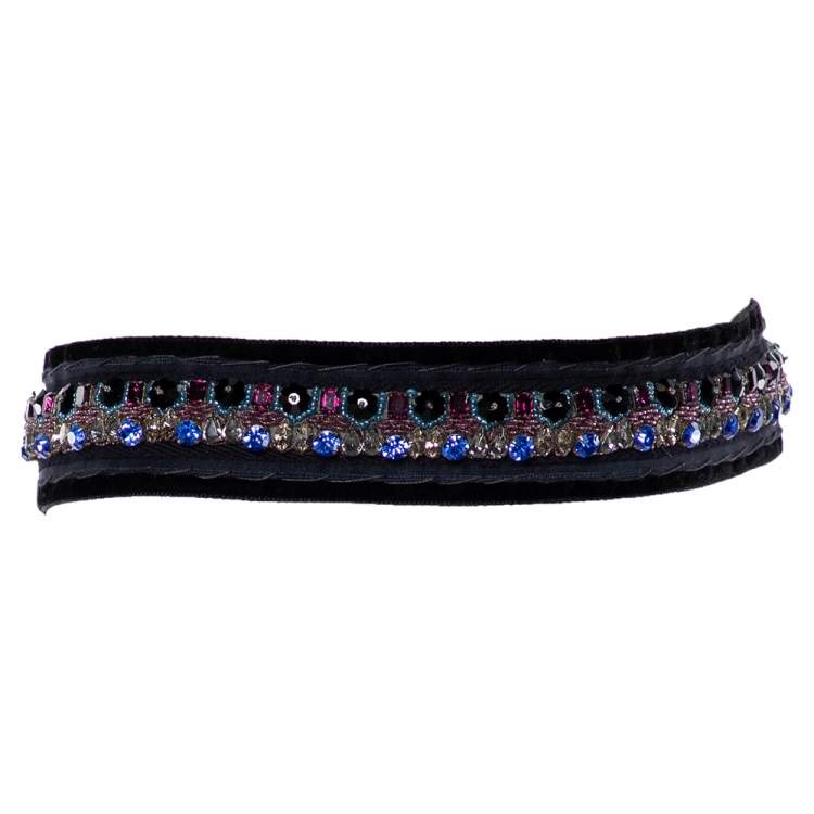 Pre Owned Prada Navy Blue Crystal Embellished Velvet Waist Belt (One Size)