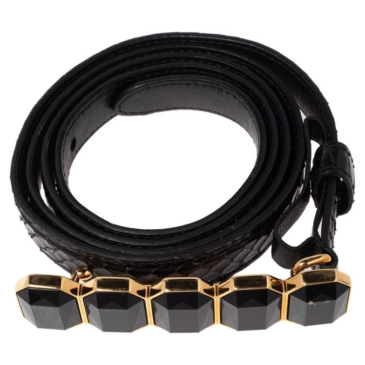 Pre Owned Prada Black Python Jewel Embellished Buckle Narrow Belt 95CM