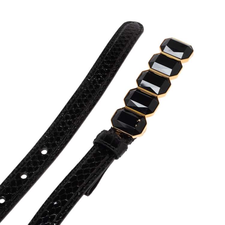 Pre Owned Prada Black Python Jewel Embellished Buckle Narrow Belt 95CM