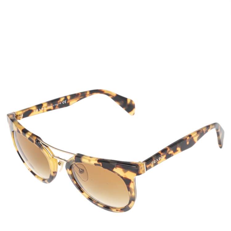 Pre Owned Prada Blonde Havana/ Brown Gradient SPR 08P Round Sunglasses