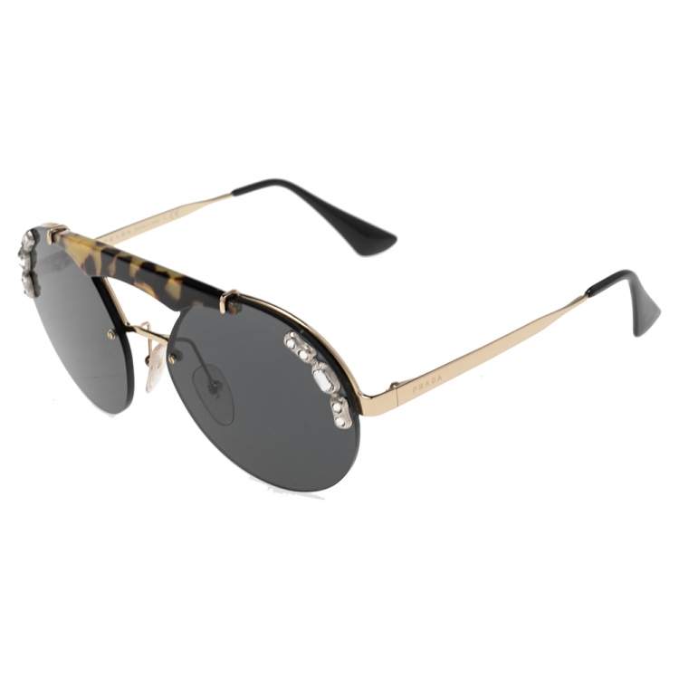 مملوكة مسبقًا Prada Gold Tone/Grey Crystal Ornate SPR52U Round Sunglasses