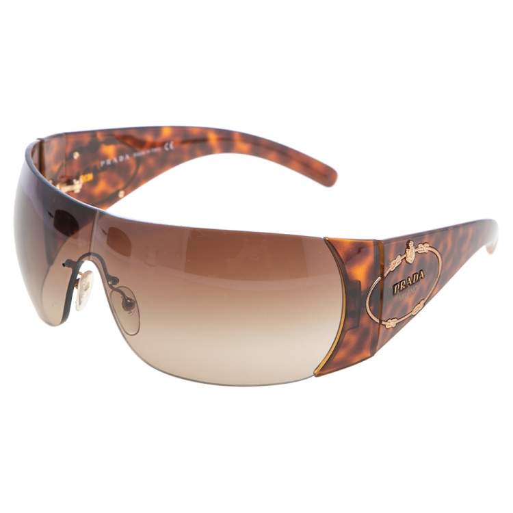 Pre Owned Prada Brown Tortoise SPR16H Shield Sunglasses 