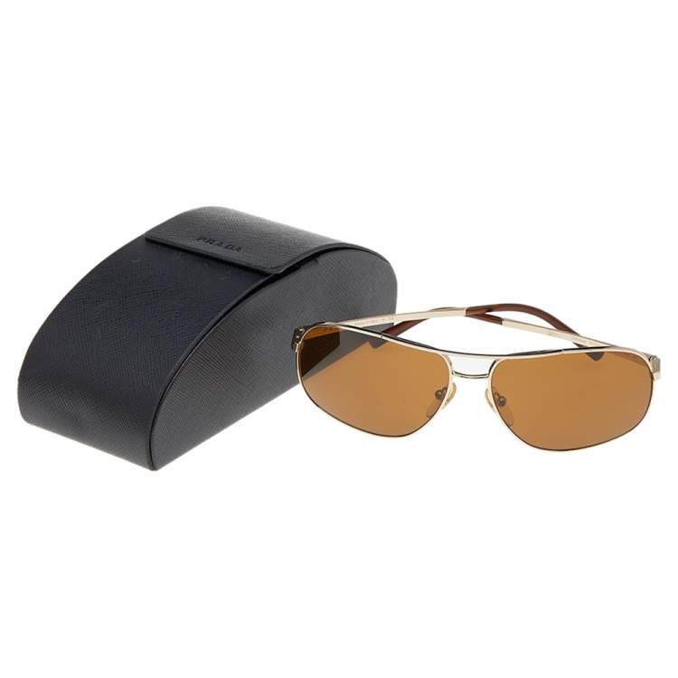 Pre Owned Prada Gold Tone/ Brown SPR53M Aviator Sunglasses