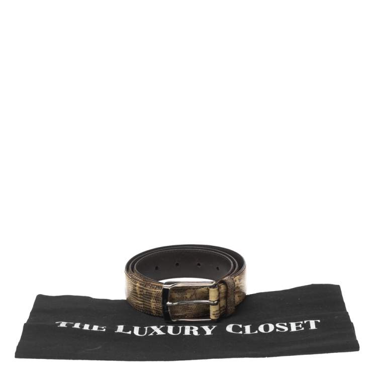 Pre Owned Prada Cream/Black Lizard Buckle Belt 90CM