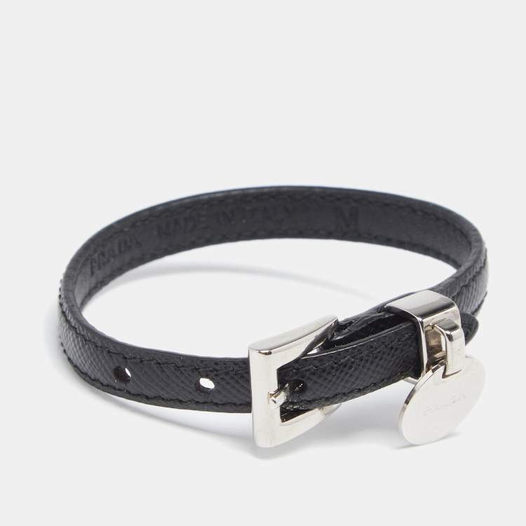 Pre Owned Prada Black Saffiano Leather Logo Tag Wrap Bracelet M