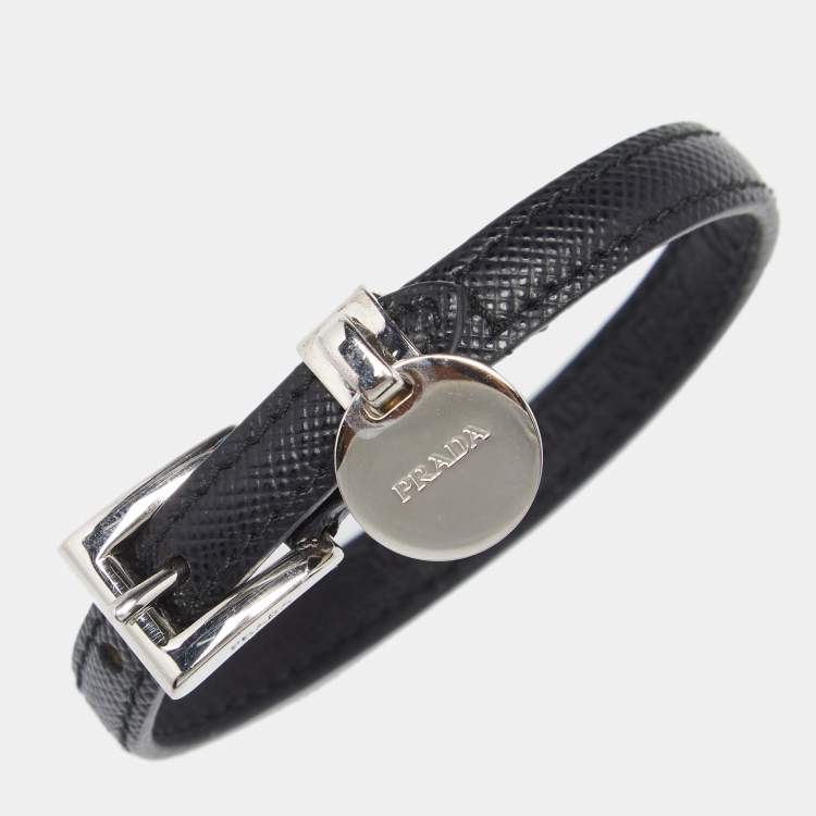 Pre Owned Prada Black Saffiano Leather Logo Tag Wrap Bracelet M
