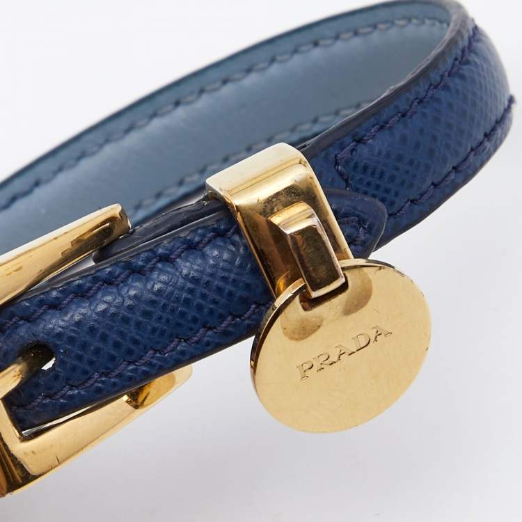 Pre Owned Prada Blue Leather Gold Tone Metal Buckle Bracelet 
