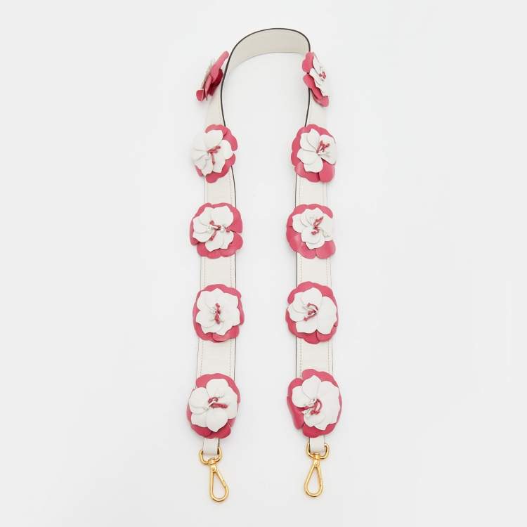 Pre Owned Prada White/Pink Leather Flower Details Bag Strap 