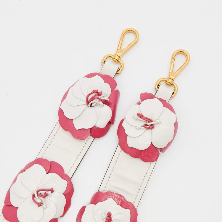 Pre Owned Prada White/Pink Leather Flower Details Bag Strap 