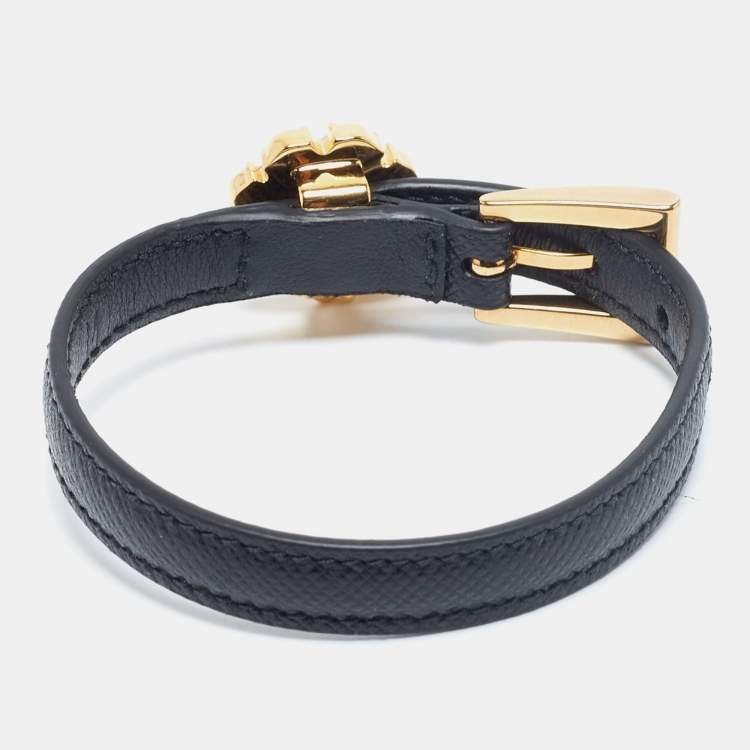 Pre Owned Prada Black Leather Floral Embellished Heart Charm Wrap Bracelet M