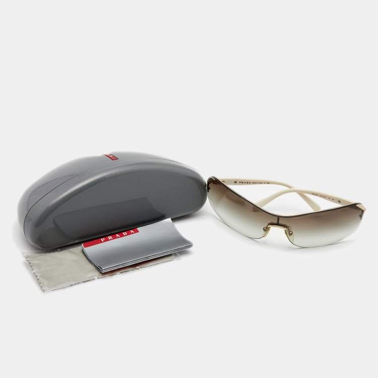 Pre Owned Prada Cream/ Brown Gradient Brown SPR59O Shield Sunglasses