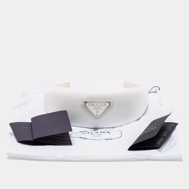 Pre Owned Prada White Enamel Logo Detail Re-Nylon Headband 