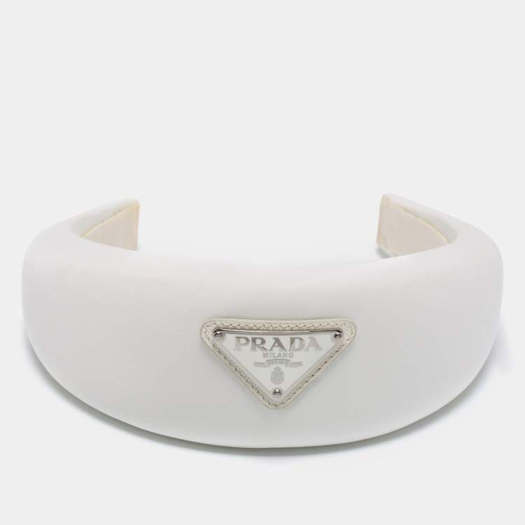 Pre Owned Prada White Enamel Logo Detail Re-Nylon Headband 