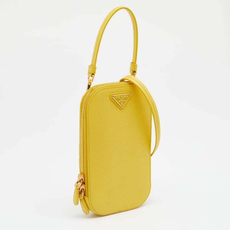 Pre Owned Prada Yellow Saffiano Lux Leather Phone Crossbody Bag