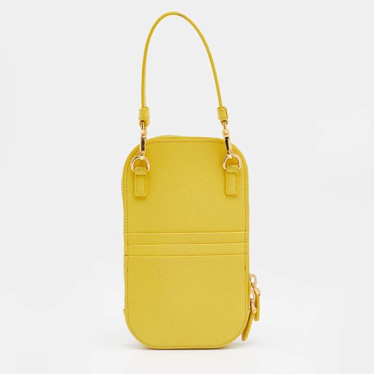 Pre Owned Prada Yellow Saffiano Lux Leather Phone Crossbody Bag