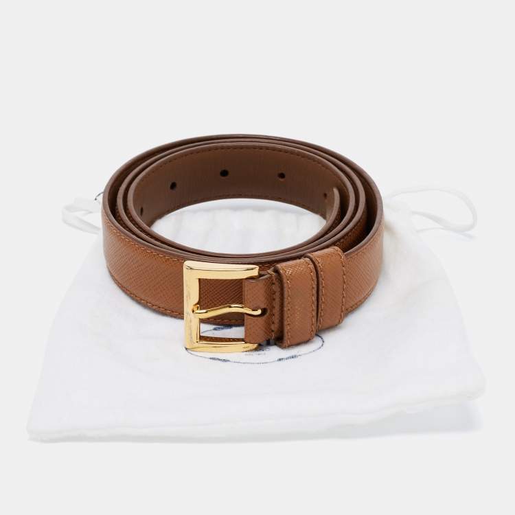 Pre Owned Prada Brown Saffiano Leather Slim Belt 85CM