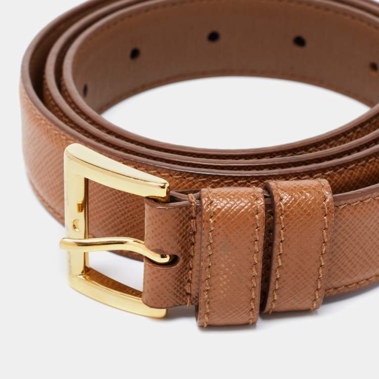 Pre Owned Prada Brown Saffiano Leather Slim Belt 85CM
