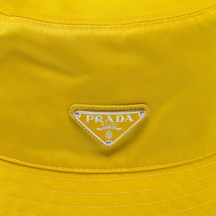 Pre Owned Prada Yellow Nylon Logo Plaque Detail Bucket Hat S
