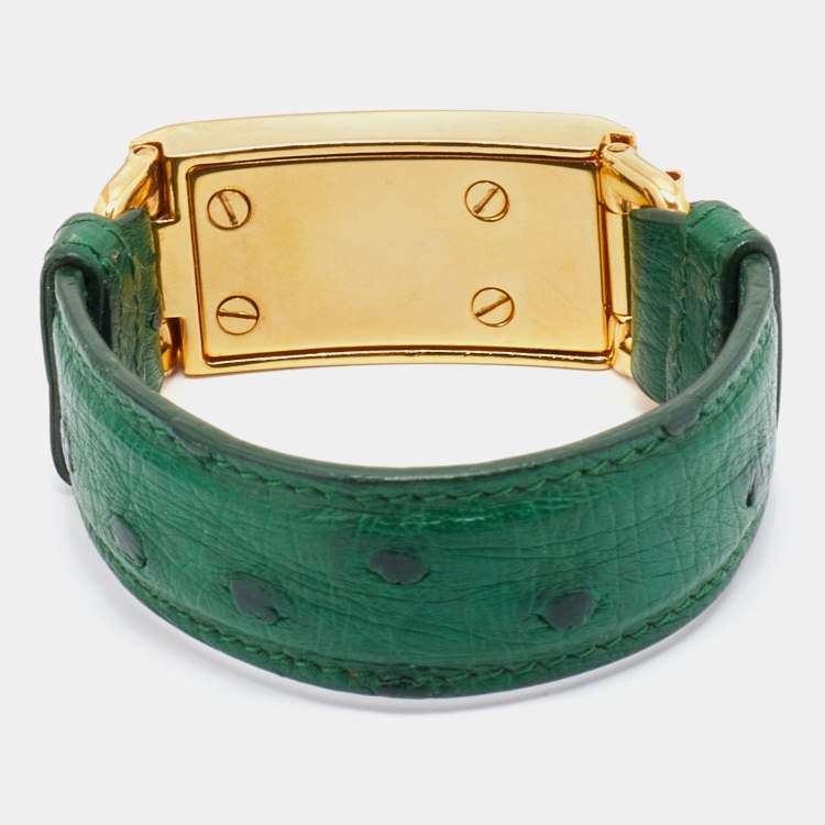Pre Owned Prada Green Ostrich Leather Gold Tone Bracelet