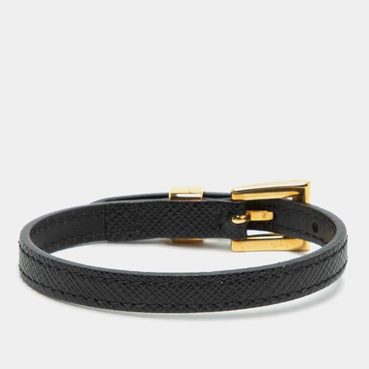 Pre Owned Prada Black Saffiano Leather Logo Tag Wrap Bracelet 